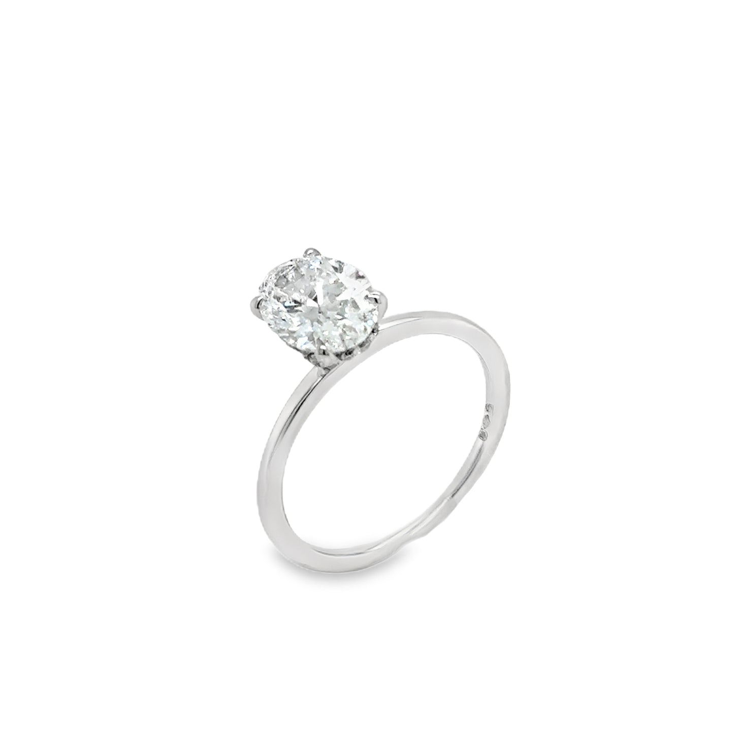 Platinum Oval Soliatire 4 Claw Cultured Diamond Ring With Hidden Halo 2.13ct