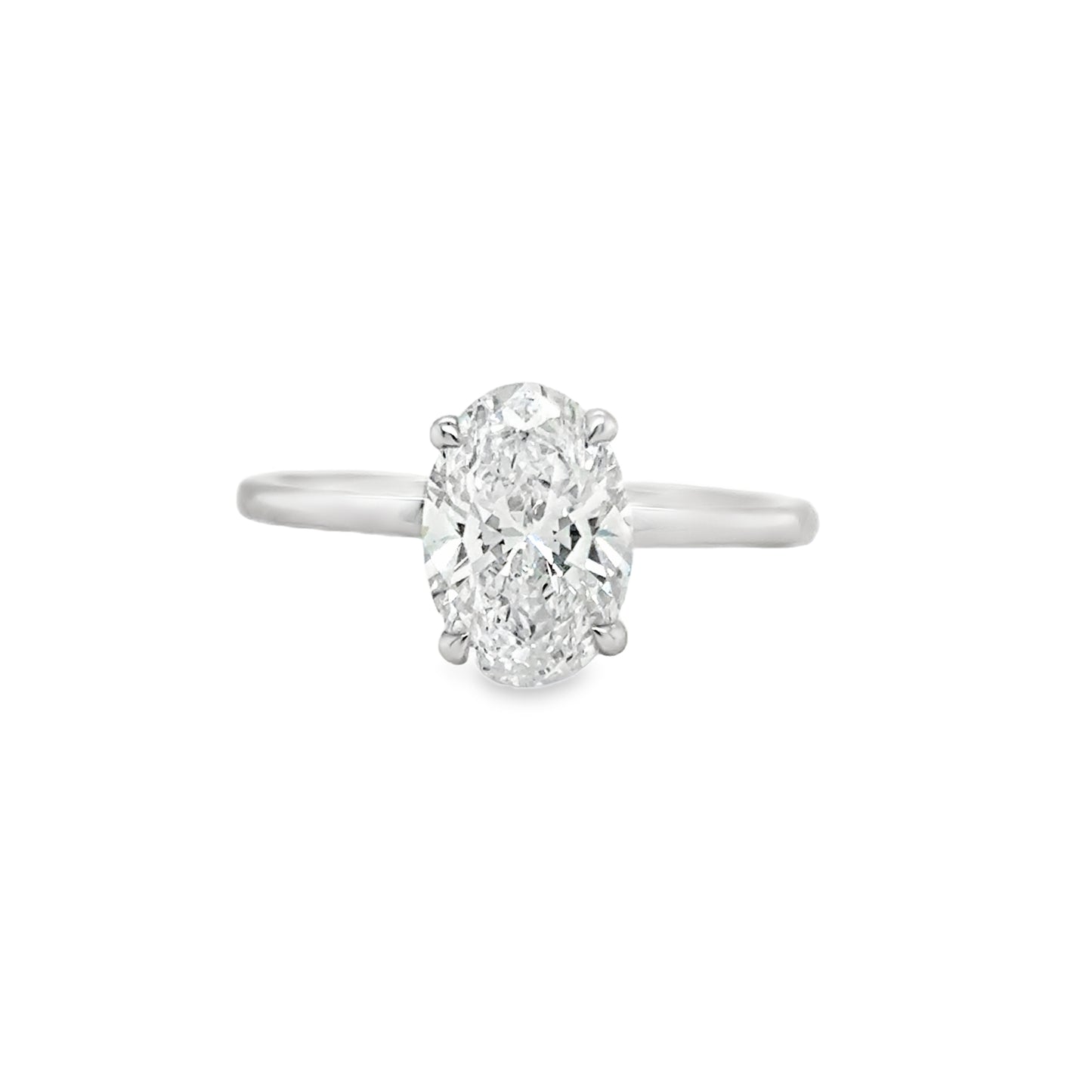 Platinum Oval Soliatire 4 Claw Cultured Diamond Ring With Hidden Halo 2.13ct