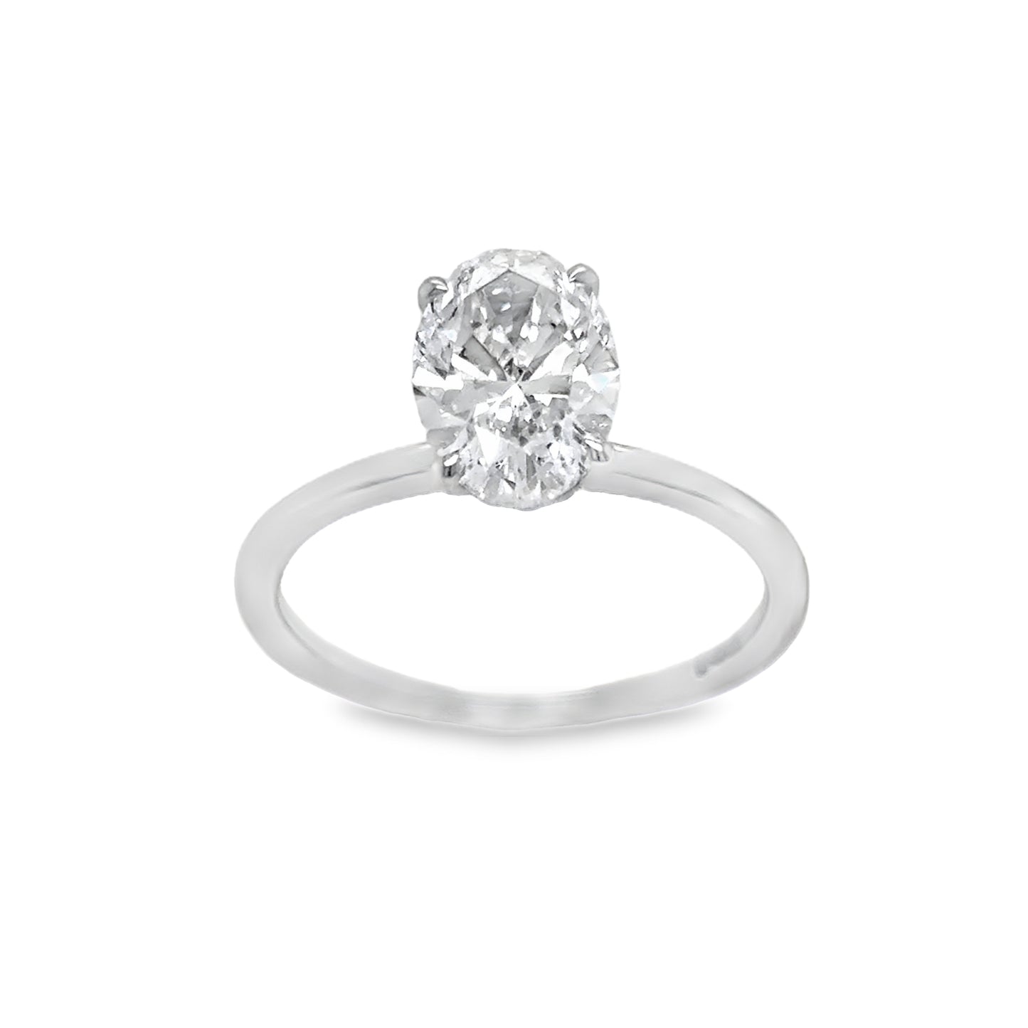 Platinum Oval Soliatire 4 Claw Cultured Diamond Ring With Hidden Halo 2.13ct