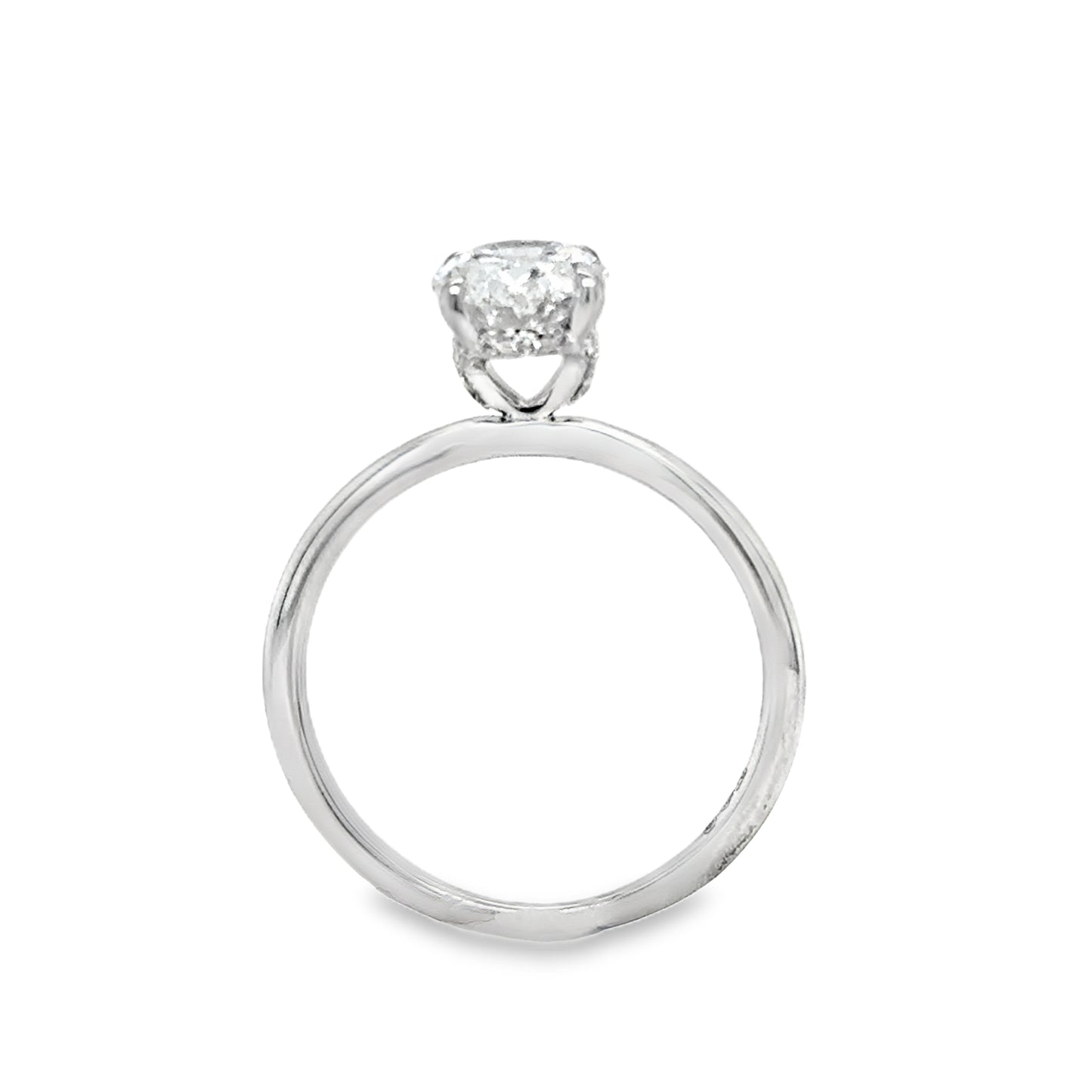 Platinum Oval Soliatire 4 Claw Cultured Diamond Ring With Hidden Halo 2.13ct