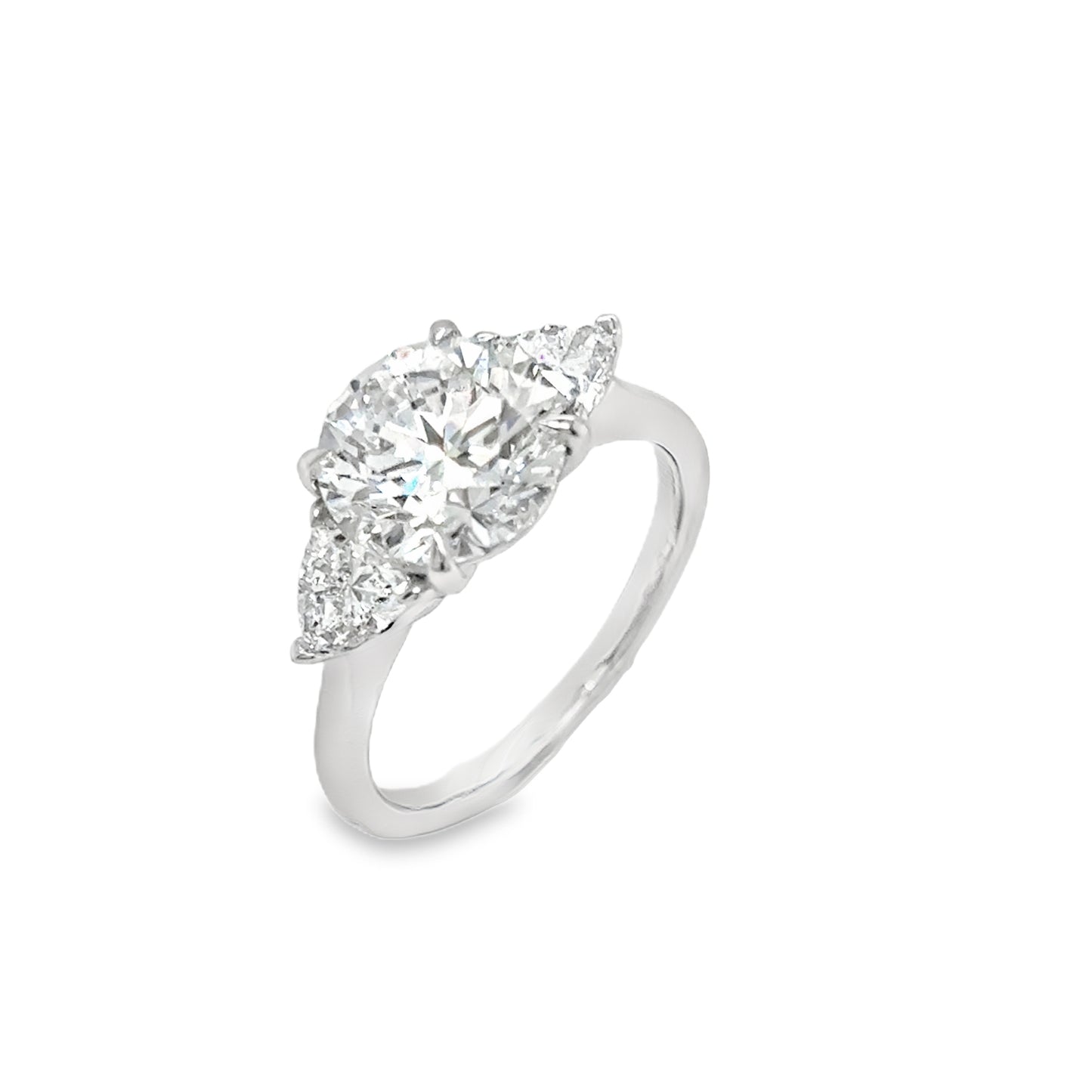 Platinum 3 Stone Round Brilliant Cultured Diamond Ring With Trillion Side Stones 3.82ct
