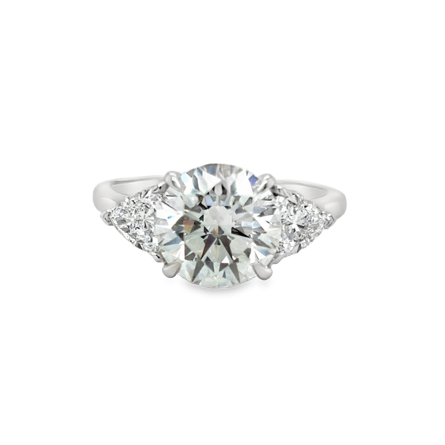 Platinum 3 Stone Round Brilliant Cultured Diamond Ring With Trillion Side Stones 3.82ct