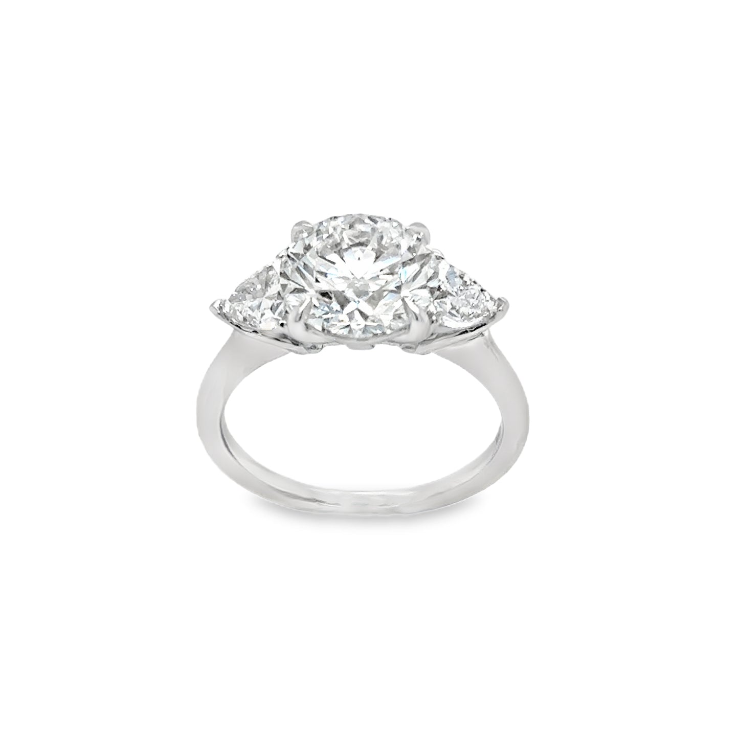 Platinum 3 Stone Round Brilliant Cultured Diamond Ring With Trillion Side Stones 3.82ct