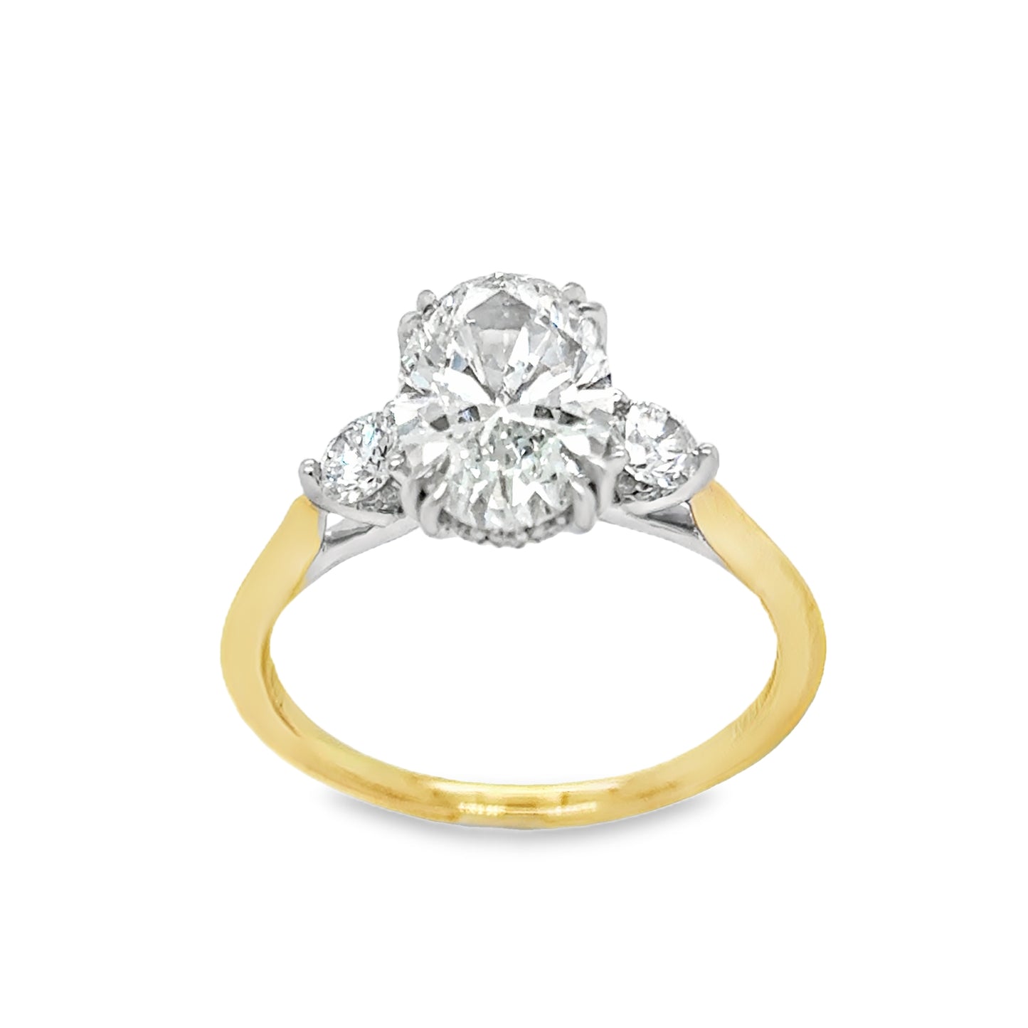 18ct 3 Stone Oval Cultured Diamond Ring With Round Brilliant Shoulders & Hidden Halo 2.37ct