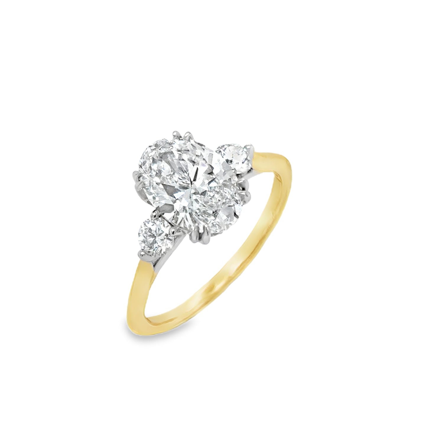 18ct 3 Stone Oval Cultured Diamond Ring With Round Brilliant Shoulders & Hidden Halo 2.37ct
