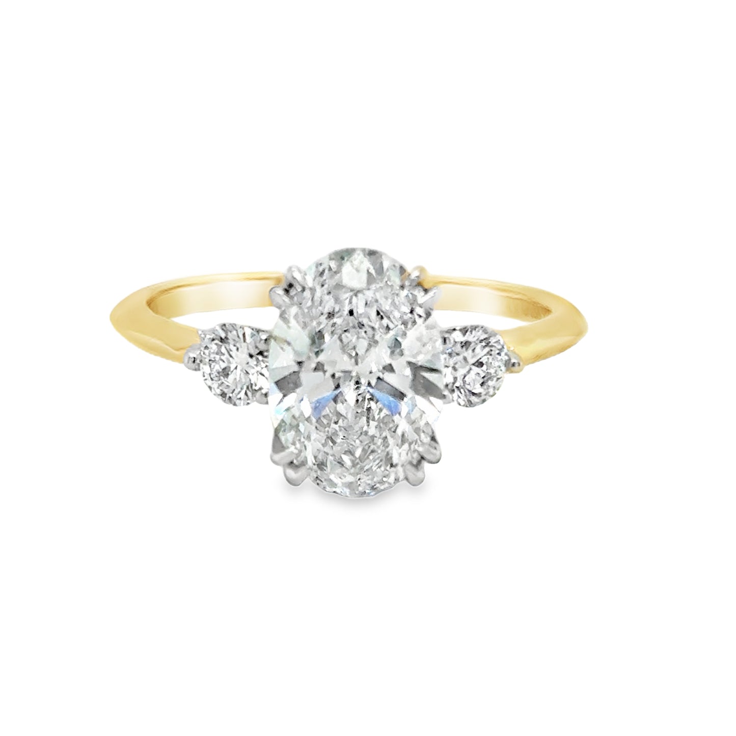 18ct 3 Stone Oval Cultured Diamond Ring With Round Brilliant Shoulders & Hidden Halo 2.37ct