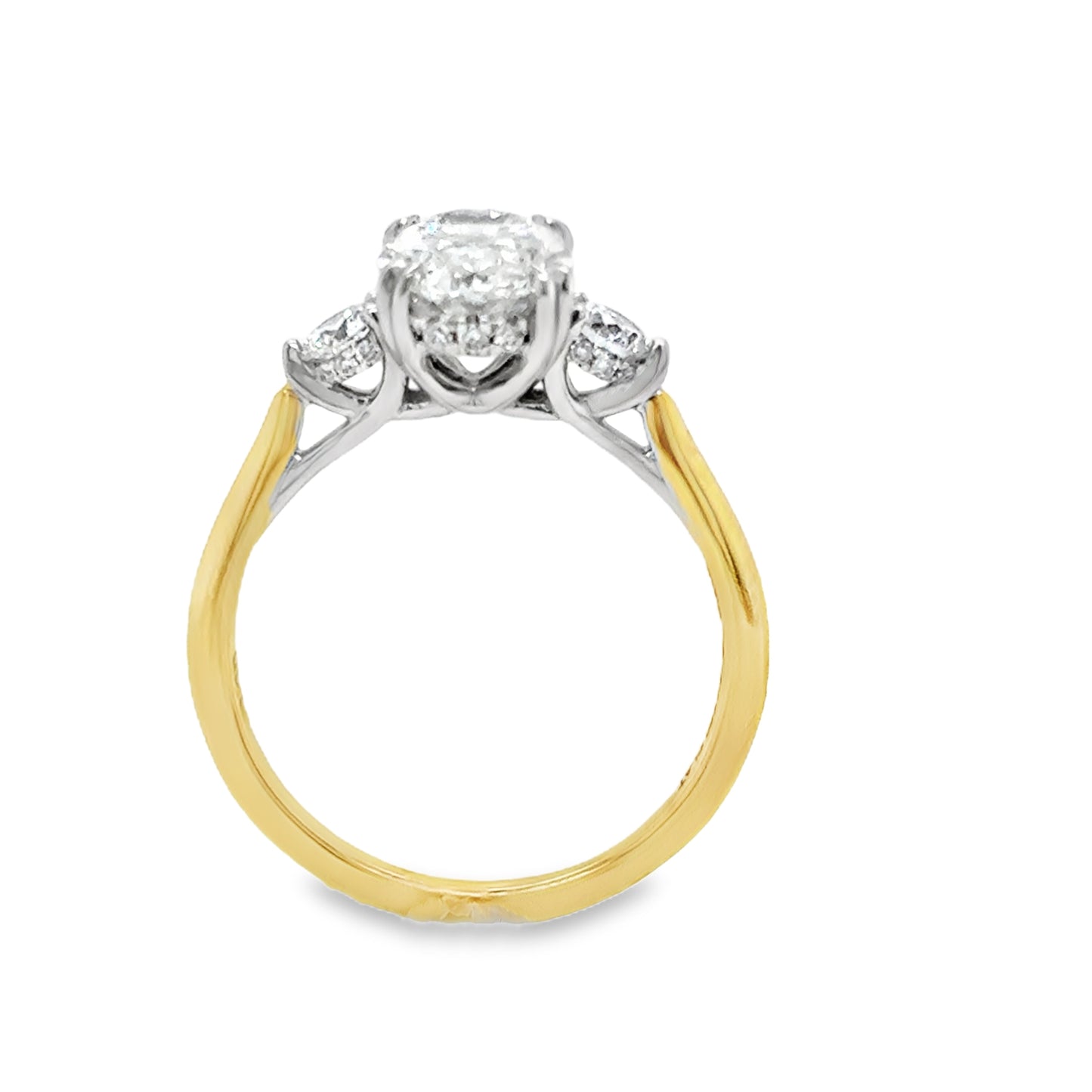 18ct 3 Stone Oval Cultured Diamond Ring With Round Brilliant Shoulders & Hidden Halo 2.37ct