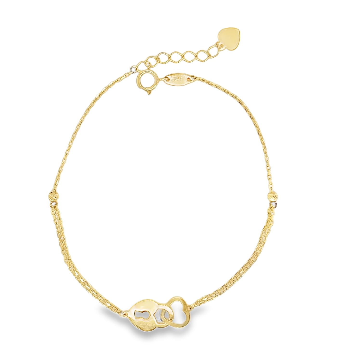 9ct Double Row Diamond Cut Ball Heart & Padlock Bracelet