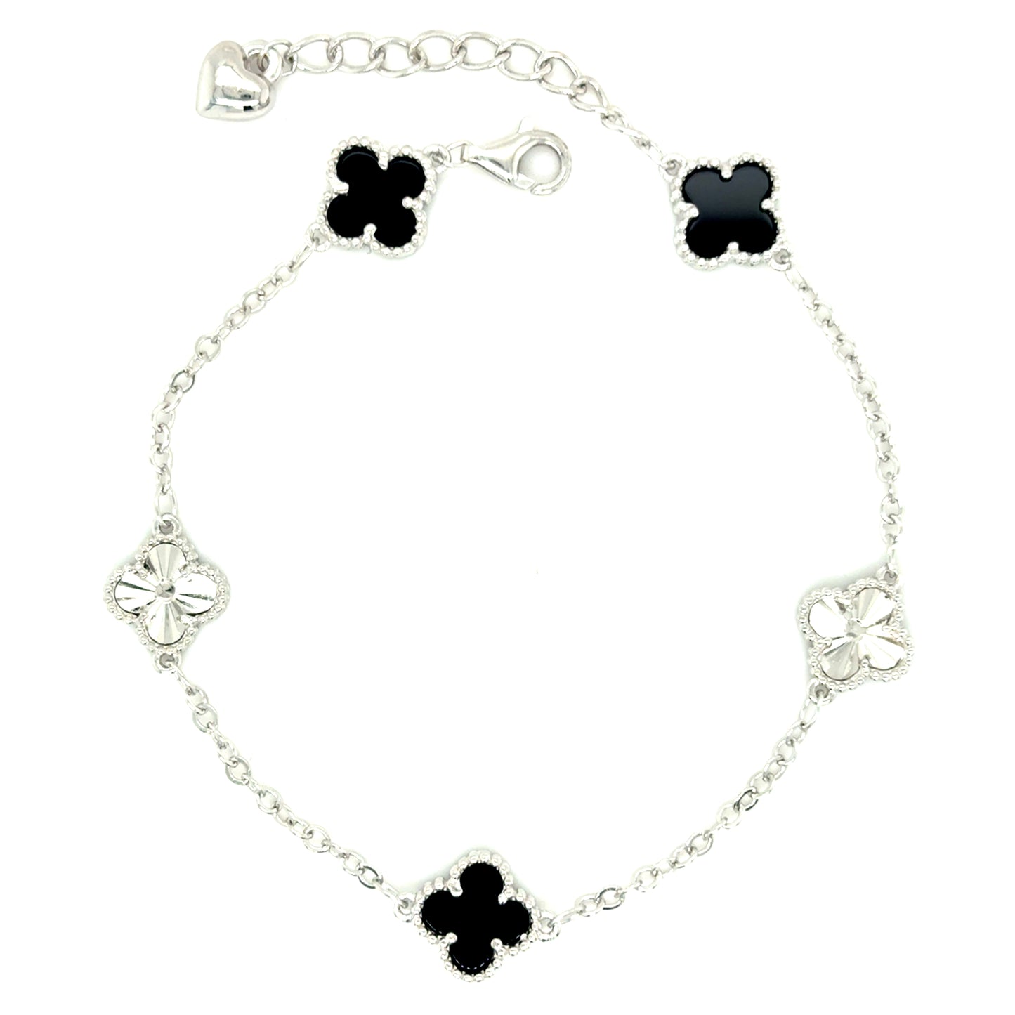 Sterling Silver Black and CZ Clover Scatter Bracelet