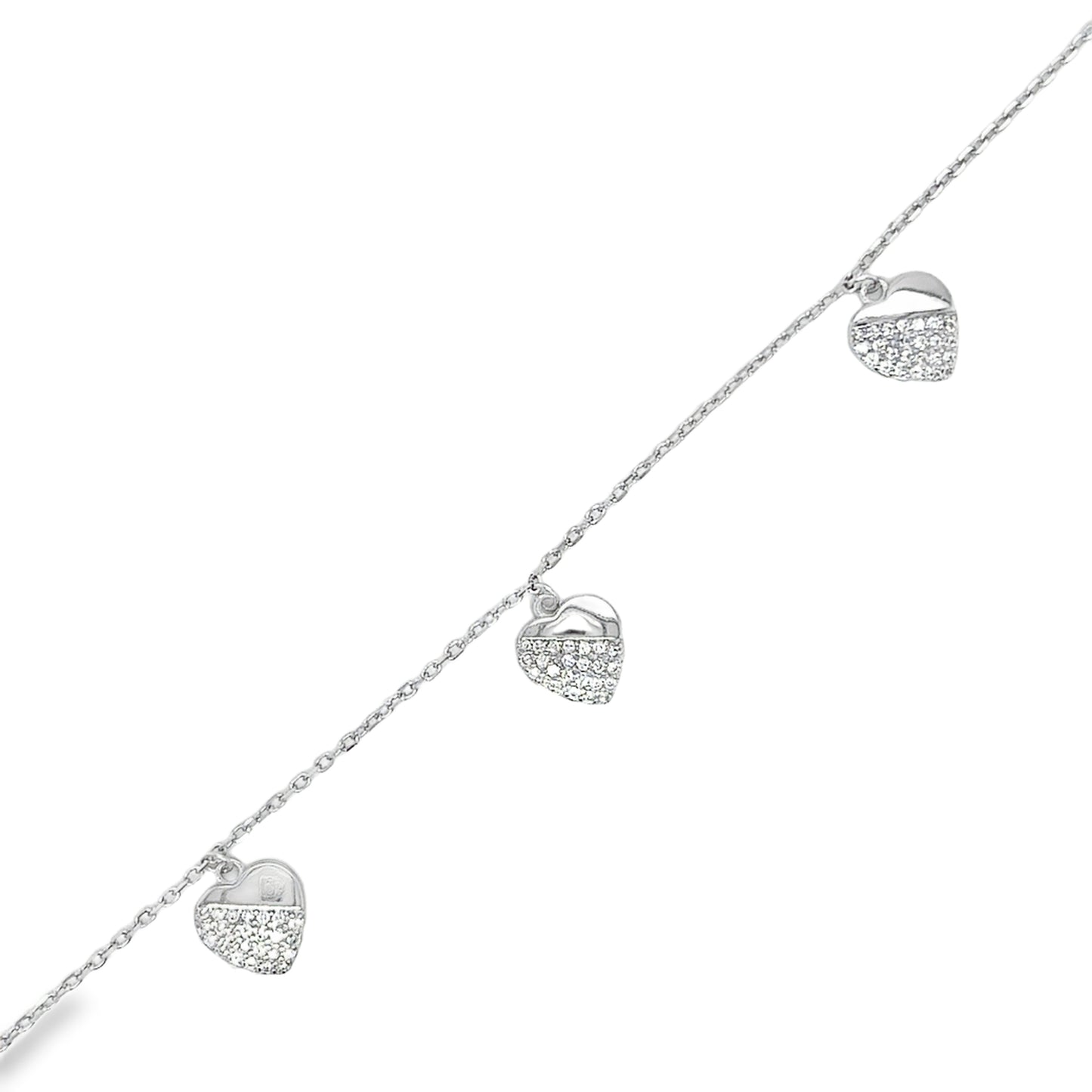Sterling Silver CZ and Polished Heart Scatter Bracelet