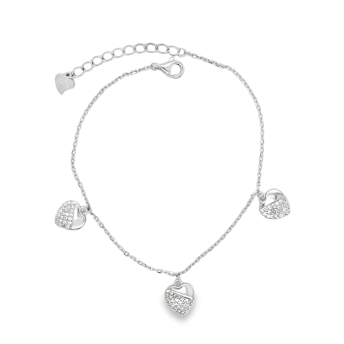 Sterling Silver CZ and Polished Heart Scatter Bracelet