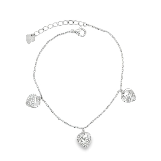 Sterling Silver CZ and Polished Heart Scatter Bracelet