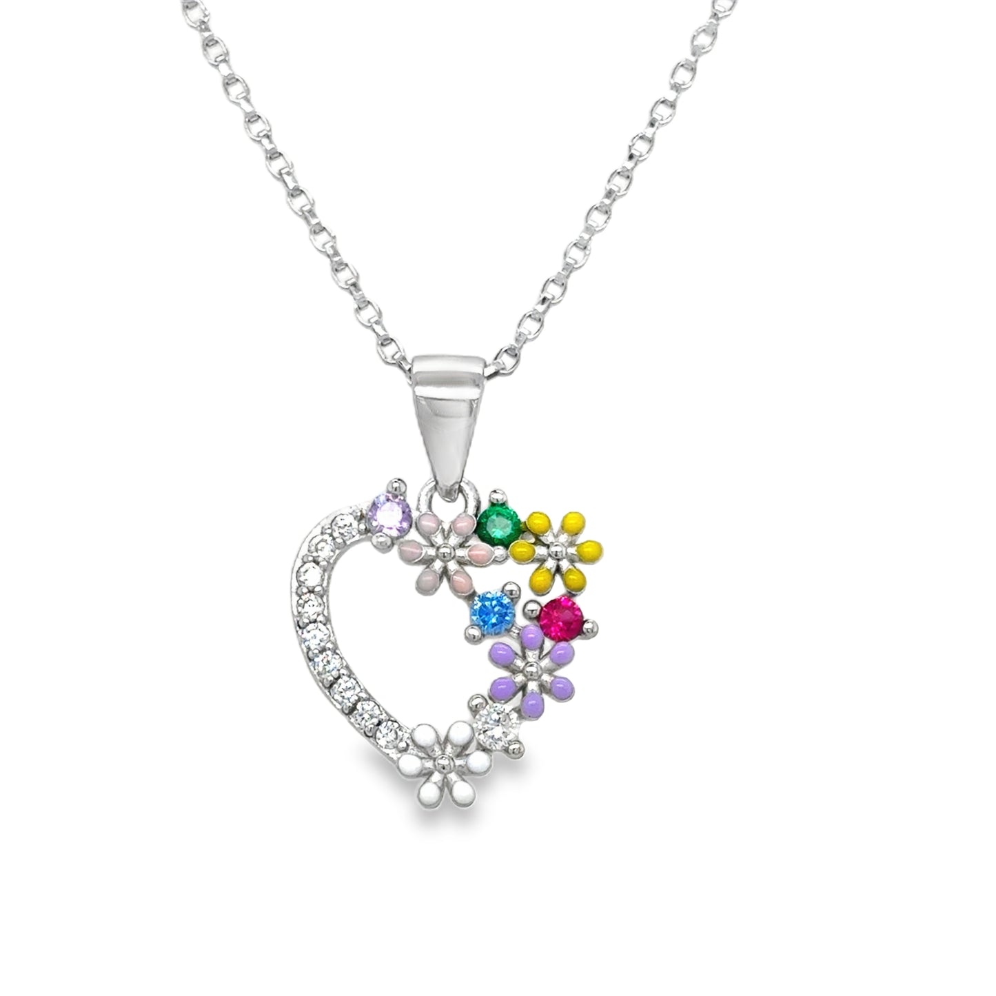 Sterling Silver Open CZ Heart Pendant with Multicolour Flower Detail