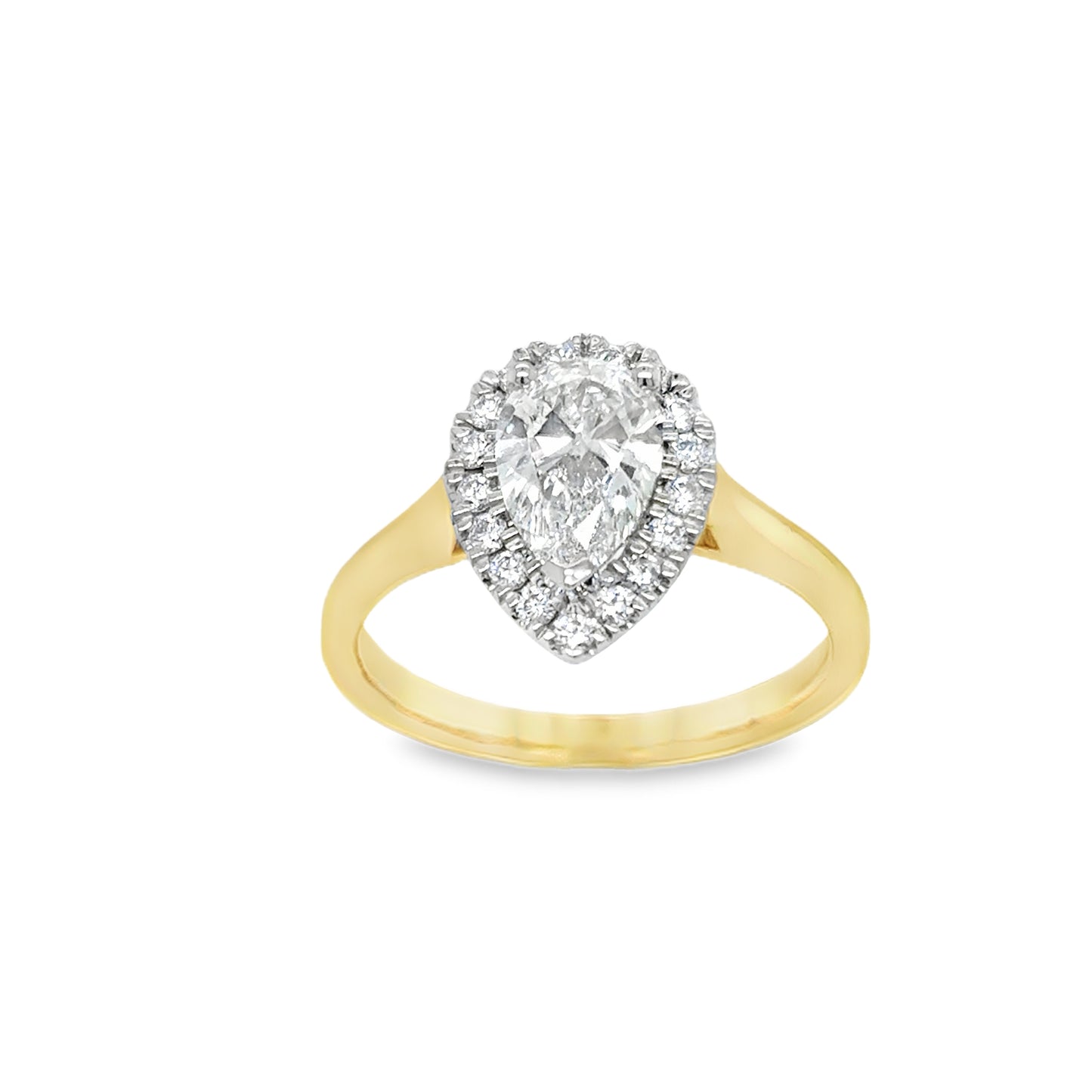 9ct Yellow Gold Pear Cut Cultured Diamond Ring with Cultured Diamond Set Halo 1.22ct