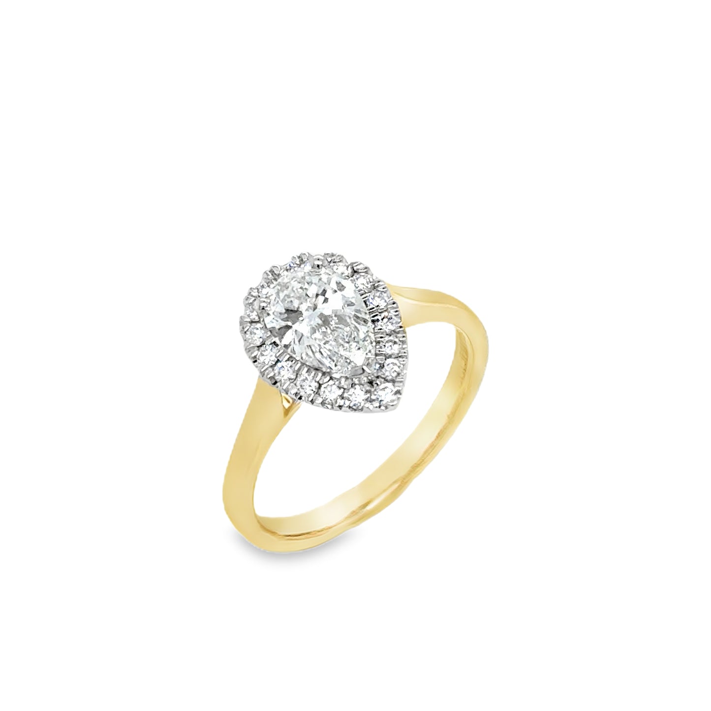 9ct Yellow Gold Pear Cut Cultured Diamond Ring with Cultured Diamond Set Halo 1.22ct