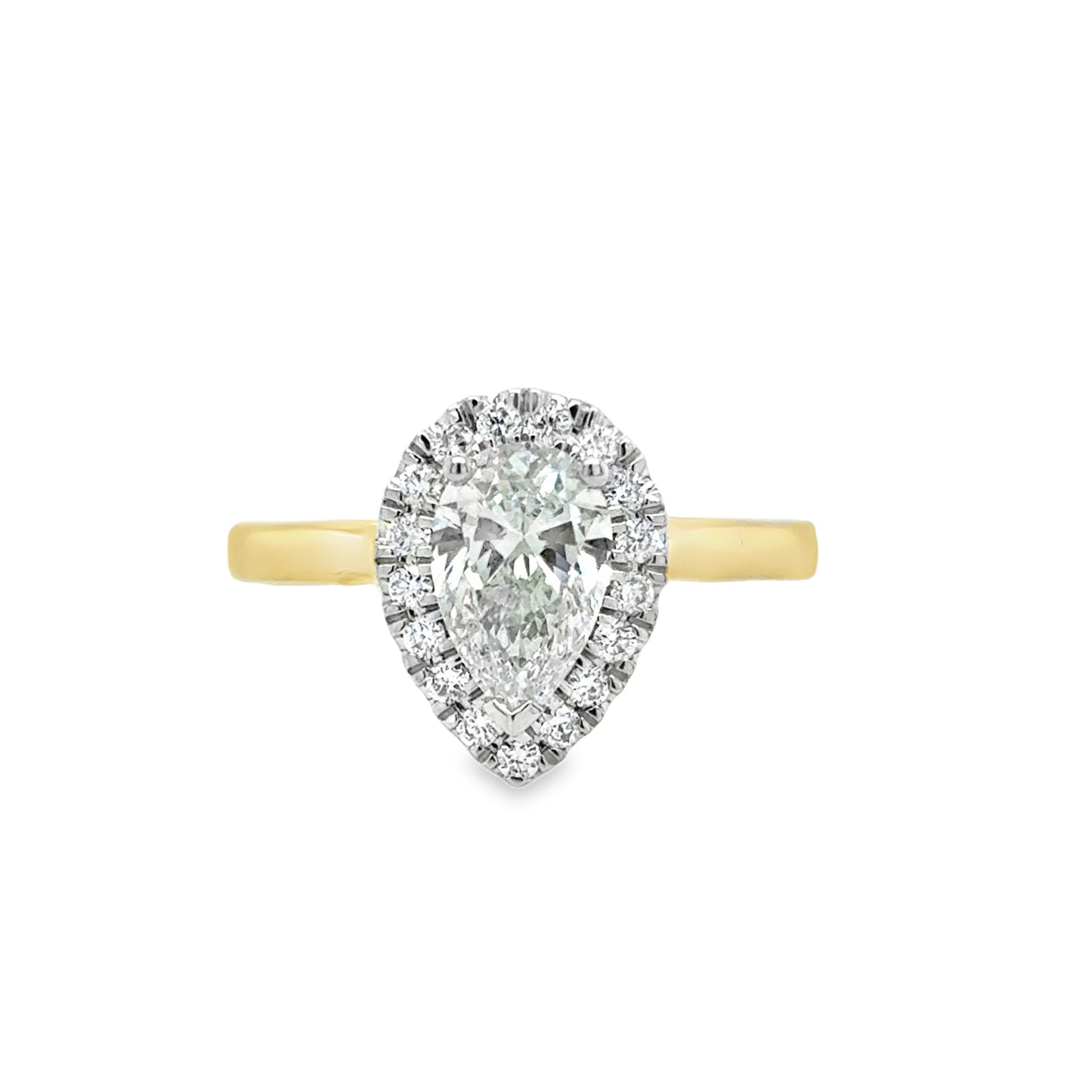 9ct Yellow Gold Pear Cut Cultured Diamond Ring with Cultured Diamond Set Halo 1.22ct