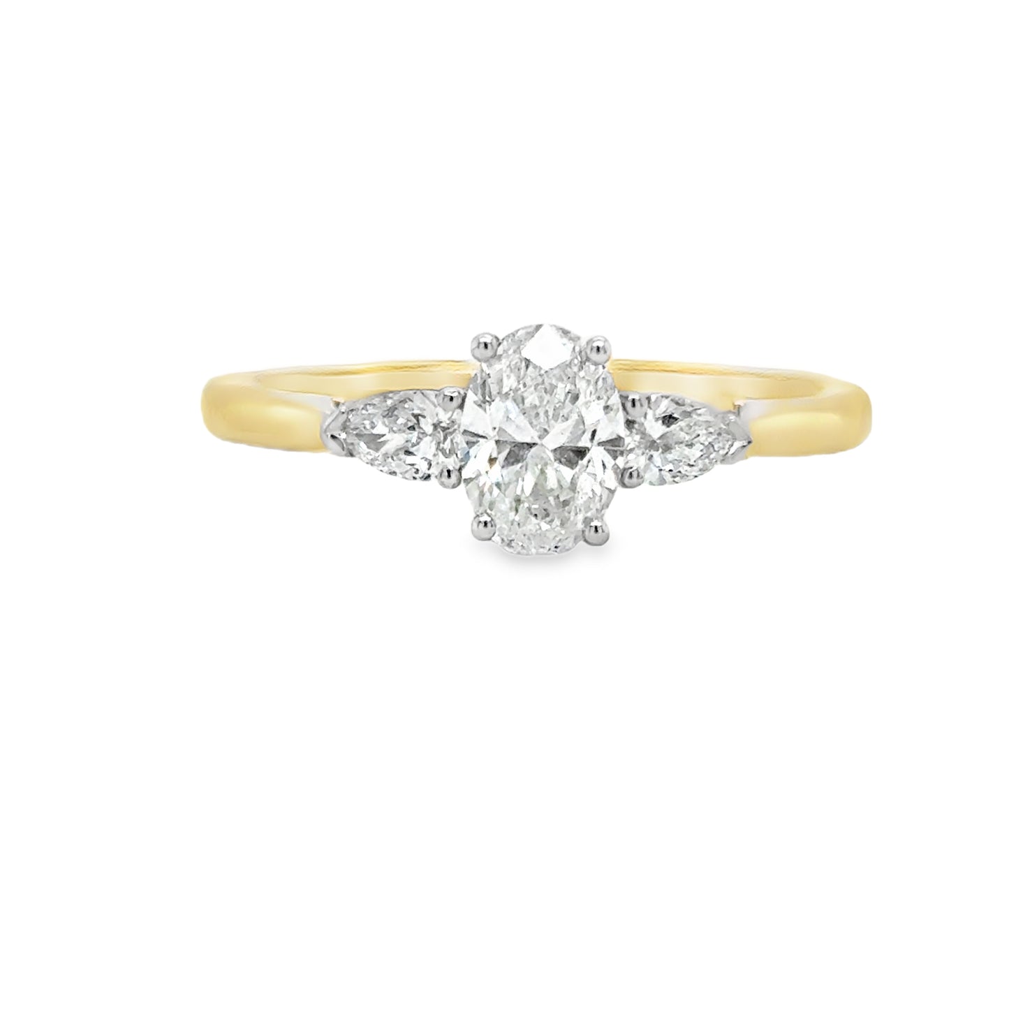 9ct Yellow Gold Oval and Pear Cut Three Stone Diamond Ring .70ct