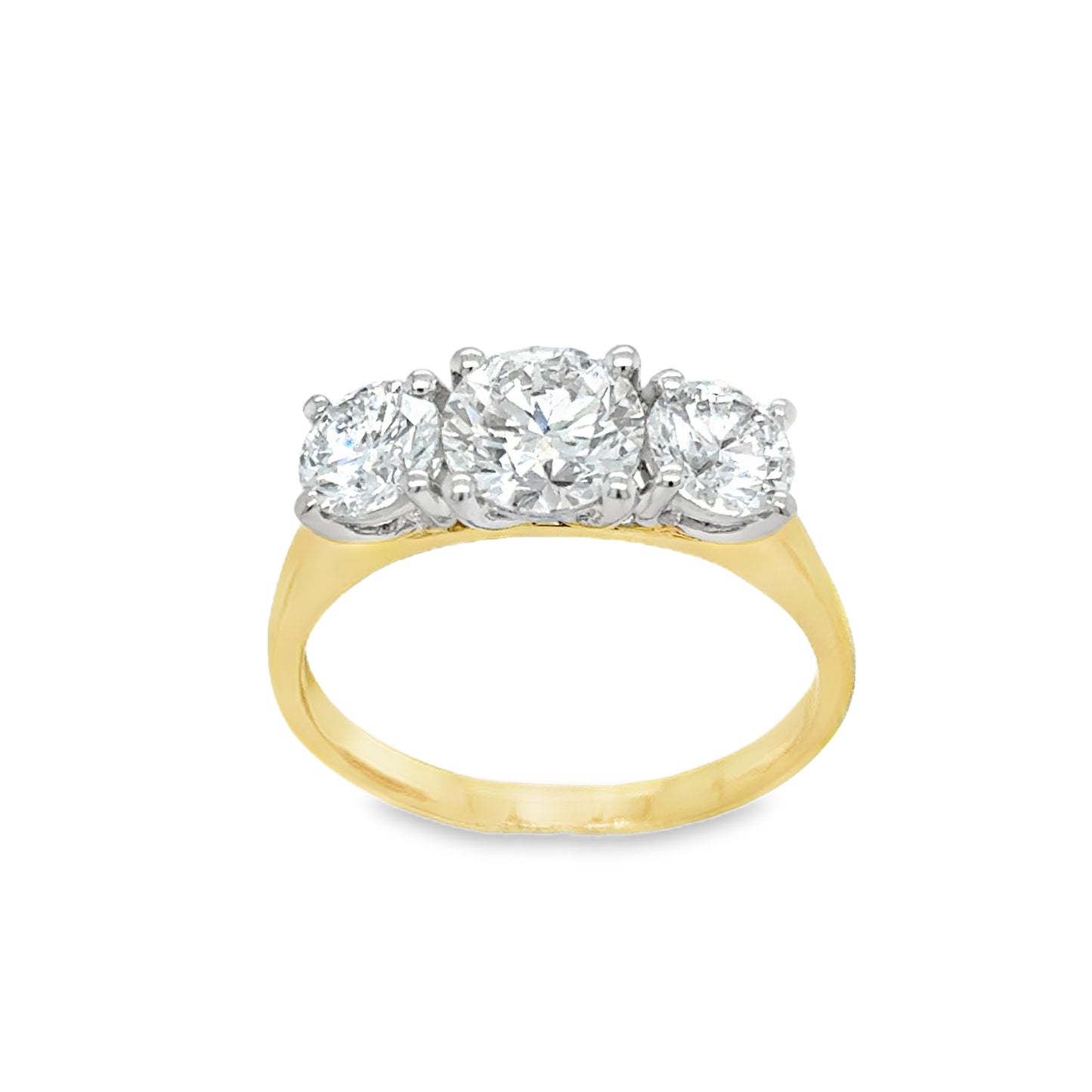 18ct Yellow Gold Three Stone Round Brilliant Cultured Diamond Ring 2.00ct