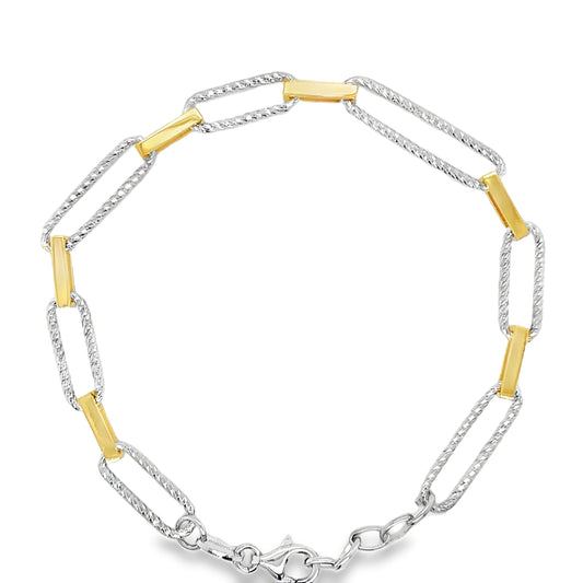 Sterling Silver and Gold Plated Damond Cut Paperlink and Bar Bracelet