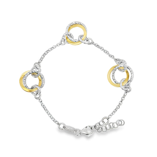 Sterling Silver and Gold Plated Open Diamond Cut Double Circle Bracelet