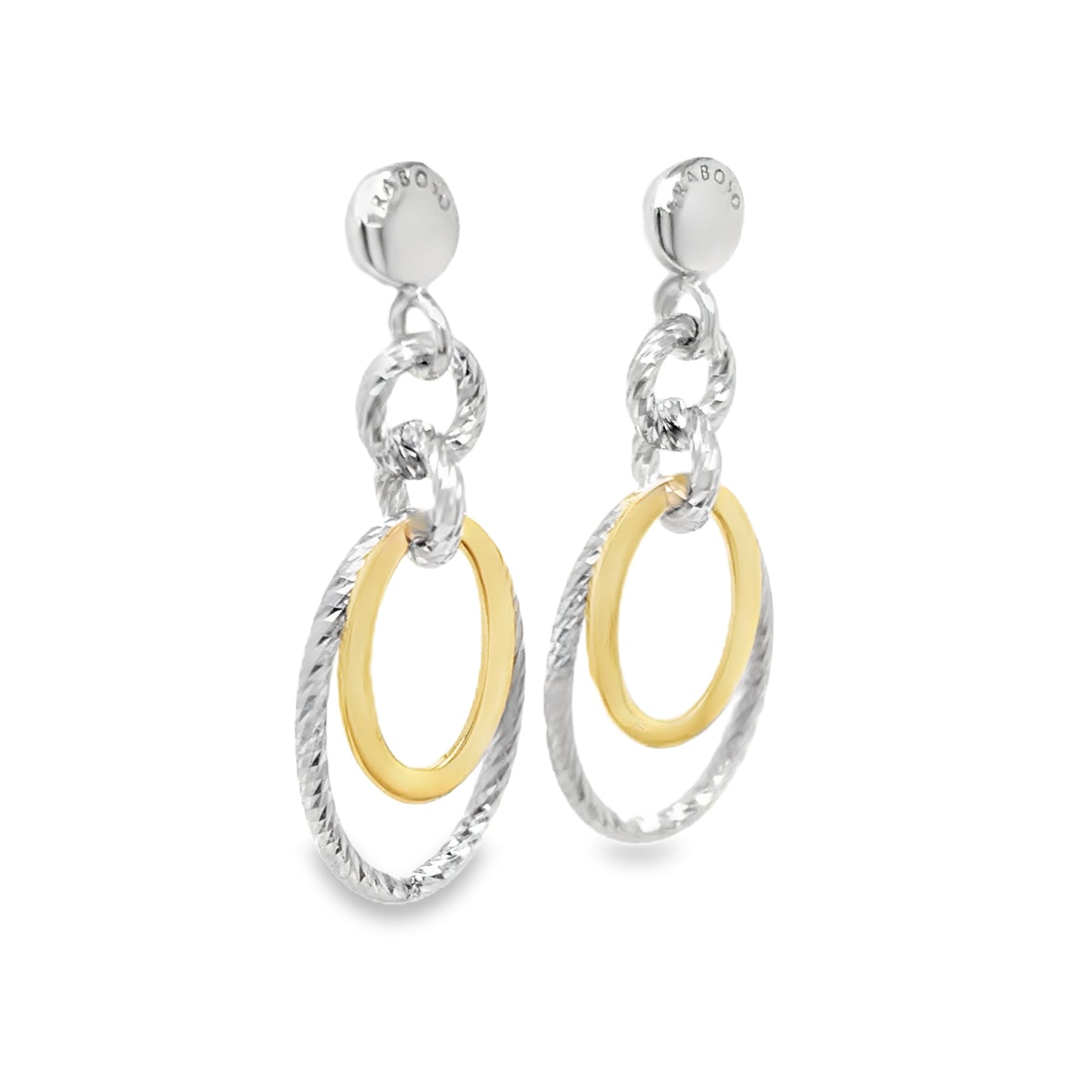 Sterling Silver and Gold Plated Diamond Cut Double Oval Drop Earrings