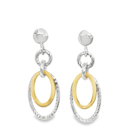 Sterling Silver and Gold Plated Diamond Cut Double Oval Drop Earrings