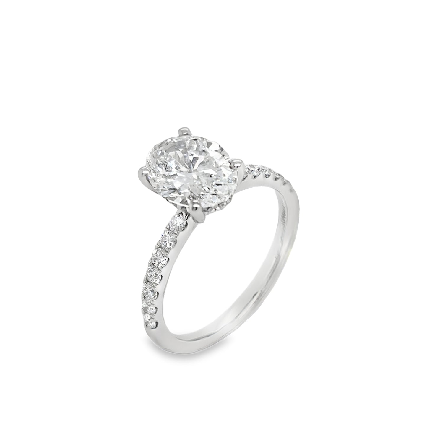 Platinum Oval Solitaire Cultured Diamond Ring with Cultured Diamond Set Shoulders and Gallery 2.49ct