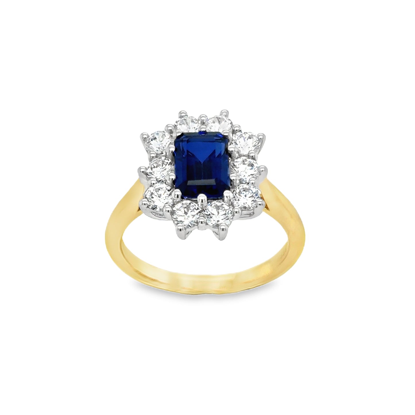9ct Yellow Gold Emerald cut Created Sapphire and Cz Flower Cluster Ring