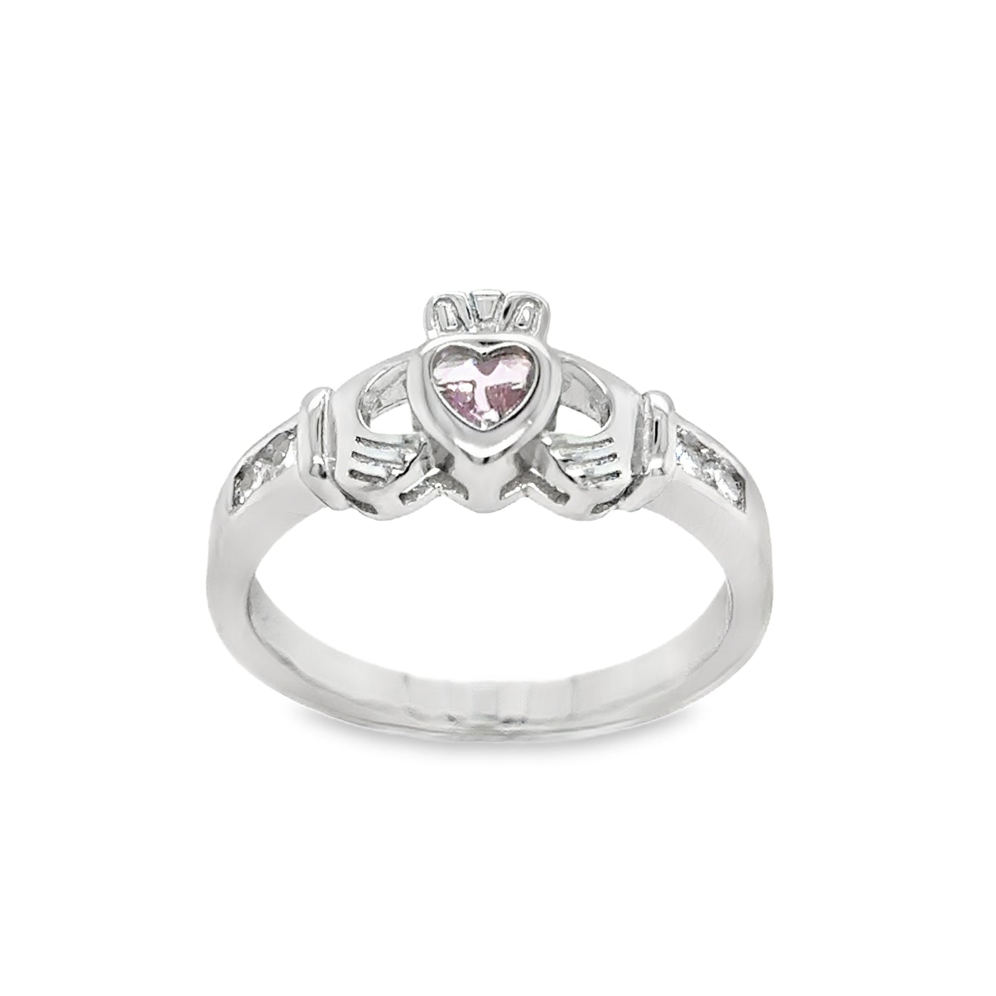 Sterling Silver Pink CZ Claddagh Ring with Channel Set CZ Shoulders