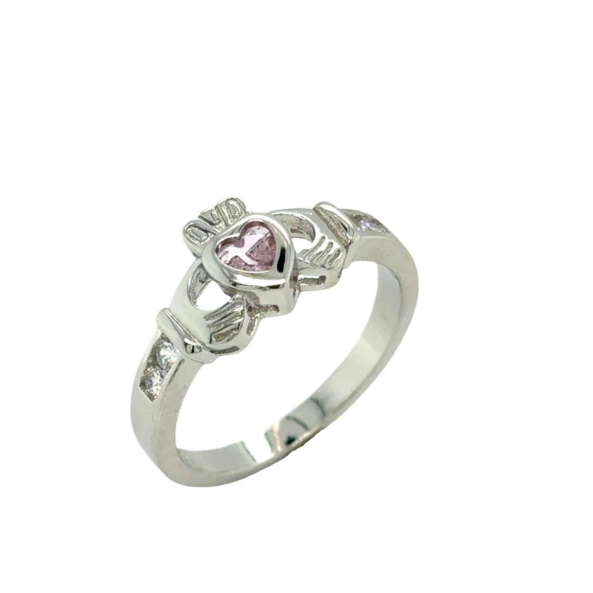 Sterling Silver Pink CZ Claddagh Ring with Channel Set CZ Shoulders