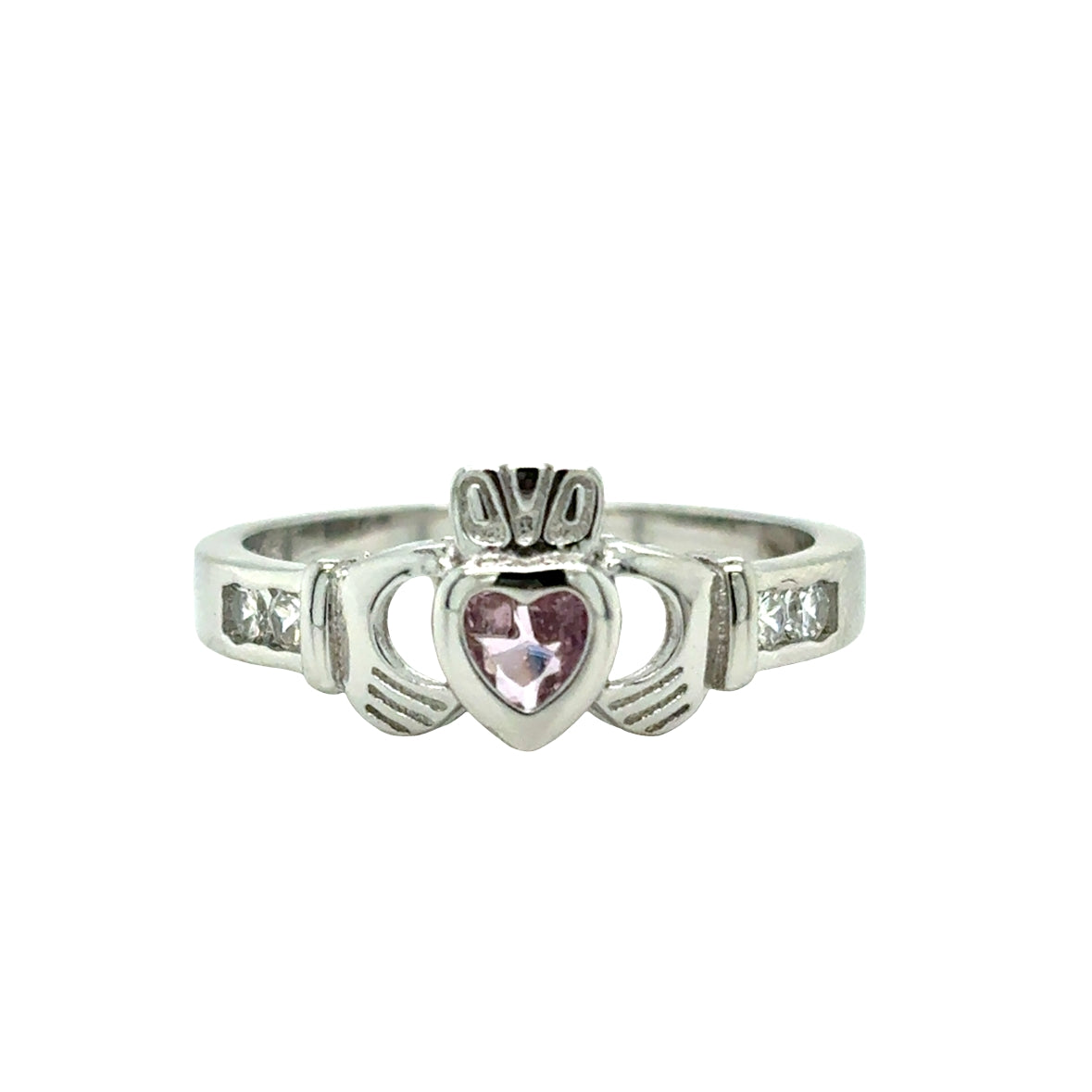 Sterling Silver Pink CZ Claddagh Ring with Channel Set CZ Shoulders
