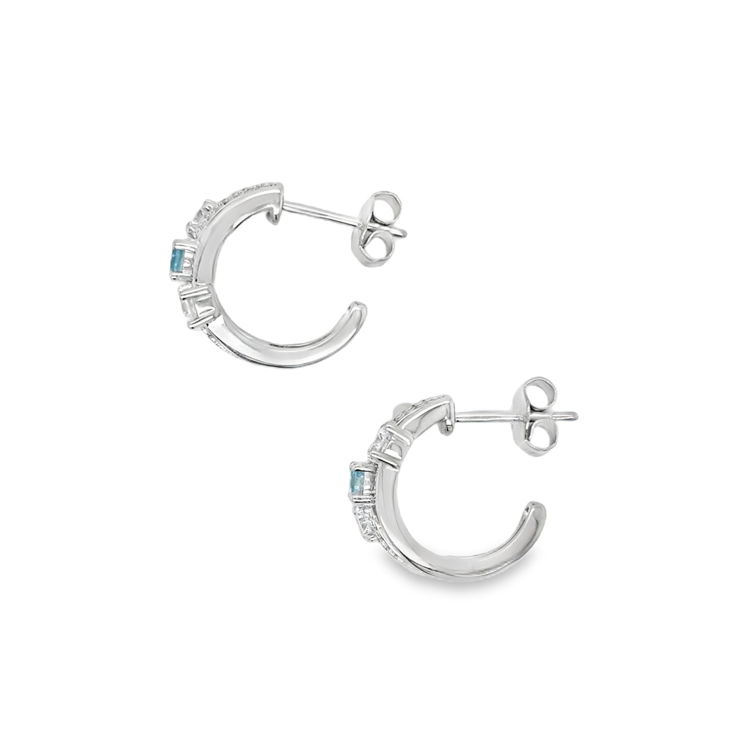 Sterling Silver CZ and Blue Topaz Three Row Huggy Earrings