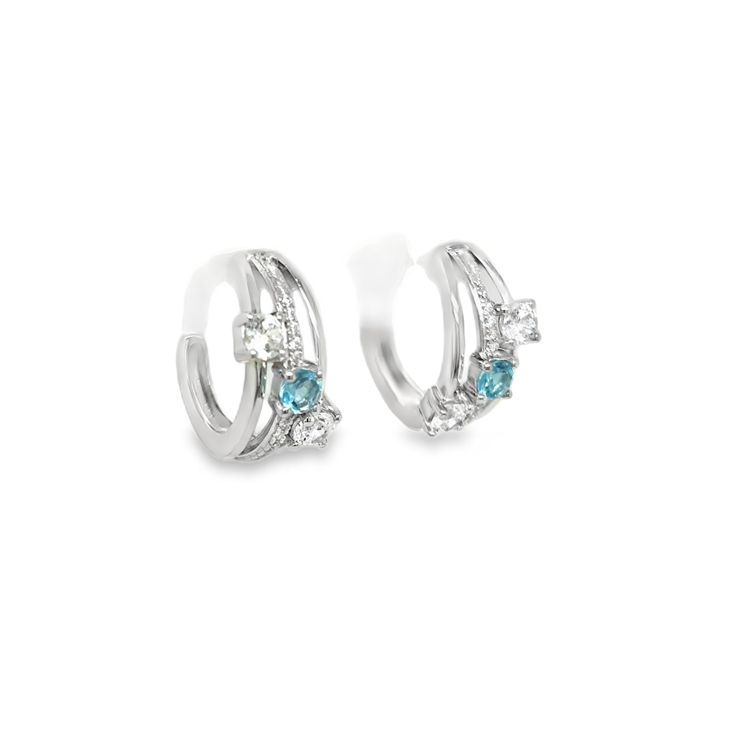 Sterling Silver CZ and Blue Topaz Three Row Huggy Earrings