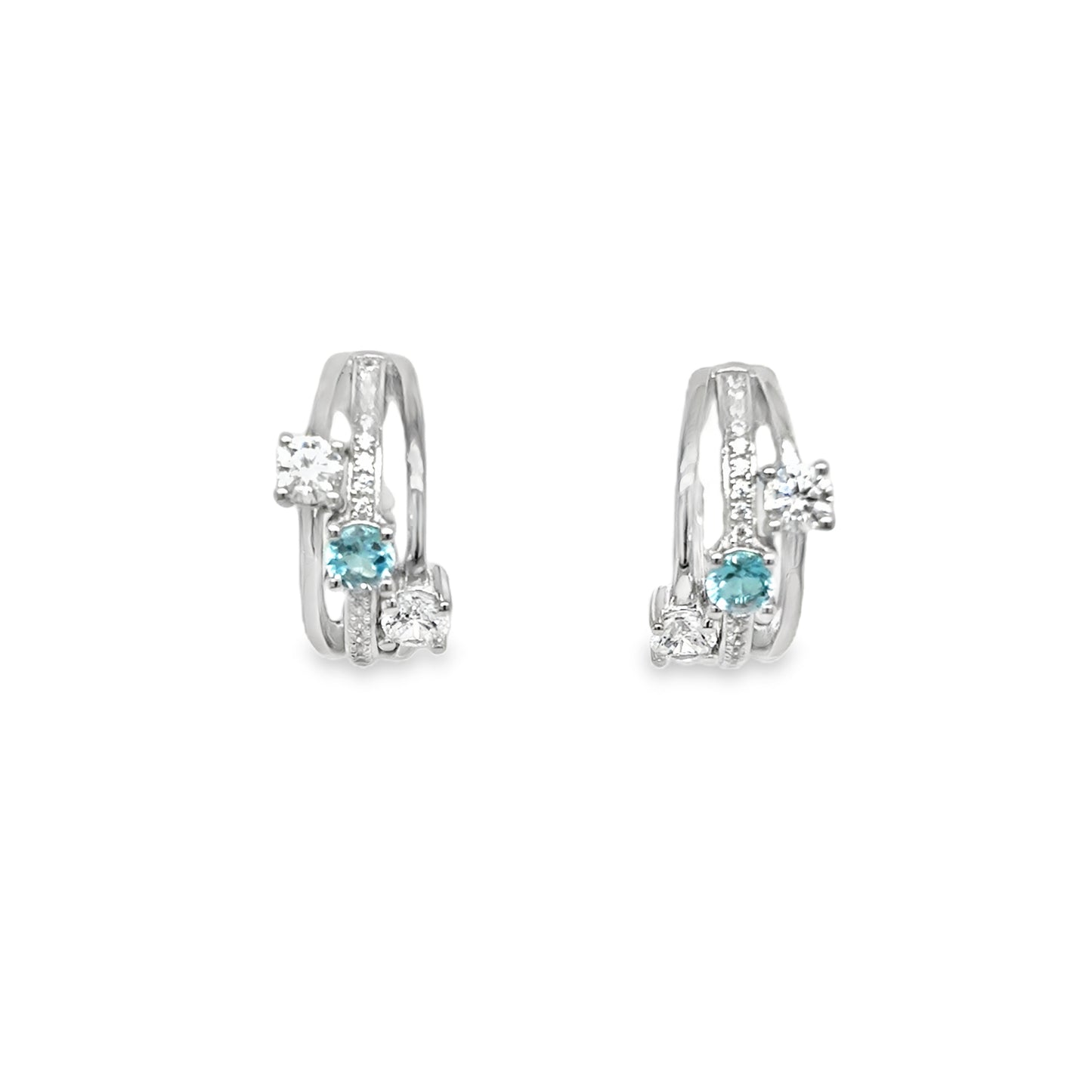 Sterling Silver CZ and Blue Topaz Three Row Huggy Earrings