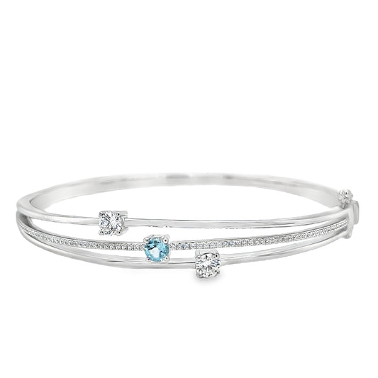 Sterling Silver Three Row CZ and Blue Topaz Bangle