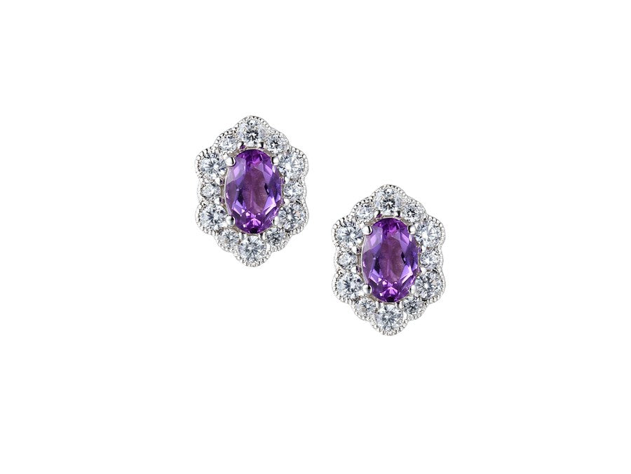 Sterling Silver Oval Amethyst and CZ Halo Antique Earrings