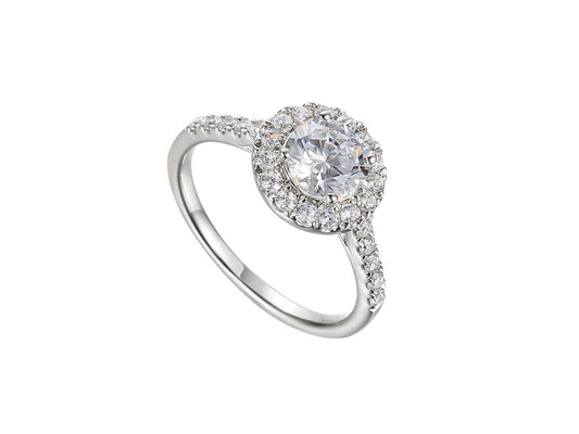 Sterling Silver Round CZ Solitaire Ring with Cz Halo and Shoulders