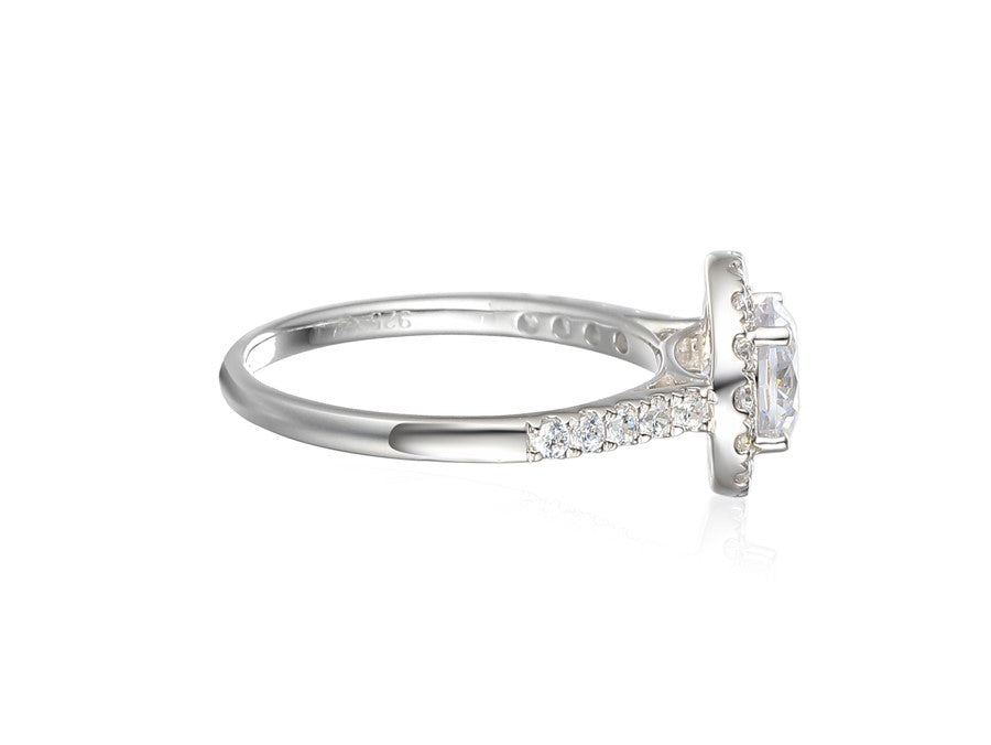 Sterling Silver Round CZ Solitaire Ring with Cz Halo and Shoulders