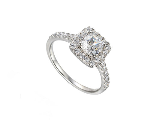 Sterling Silver Cushion Cut CZ Cluster Ring with CZ Shoulders