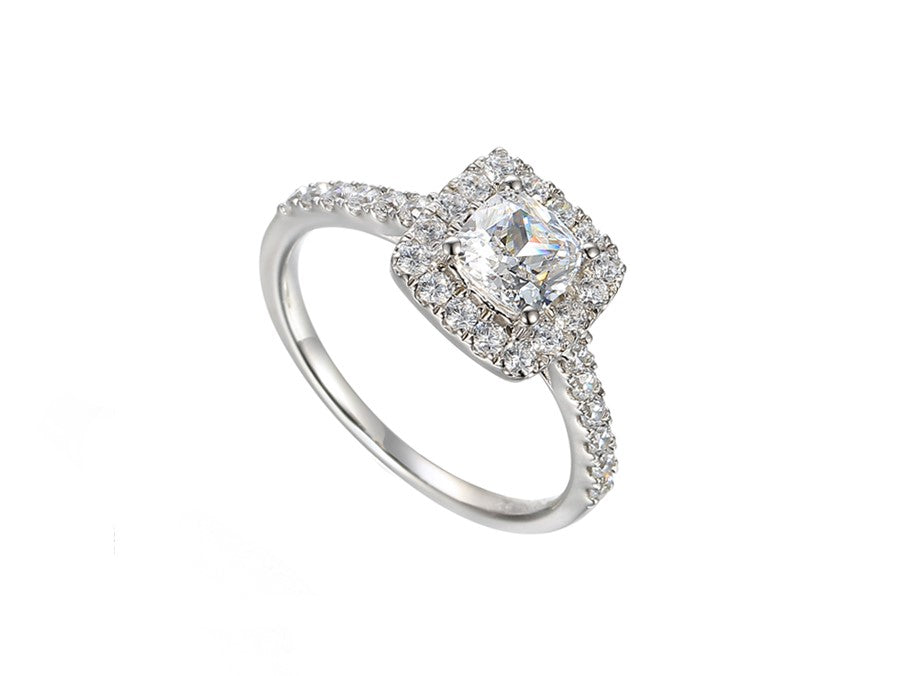 Sterling Silver Cushion Cut CZ Cluster Ring with CZ Shoulders