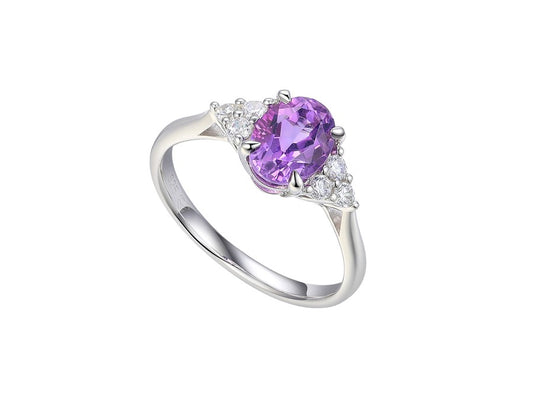 Sterling Silver Oval Amethyst Solitaire Ring with Fancy CZ Shoulders