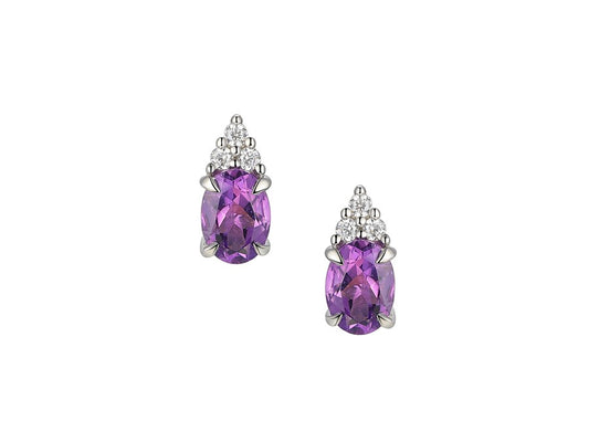 Sterling Silver Oval Amethyst Stud Earrings with CZ Detail