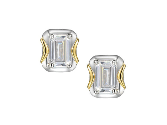 Sterling Silver and Gold Plated Emerald Cut CZ Stud Earrings