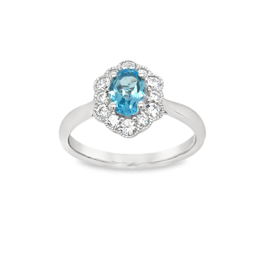 Sterling Silver Oval Blue Topaz and CZ Halo Antique Style Ring