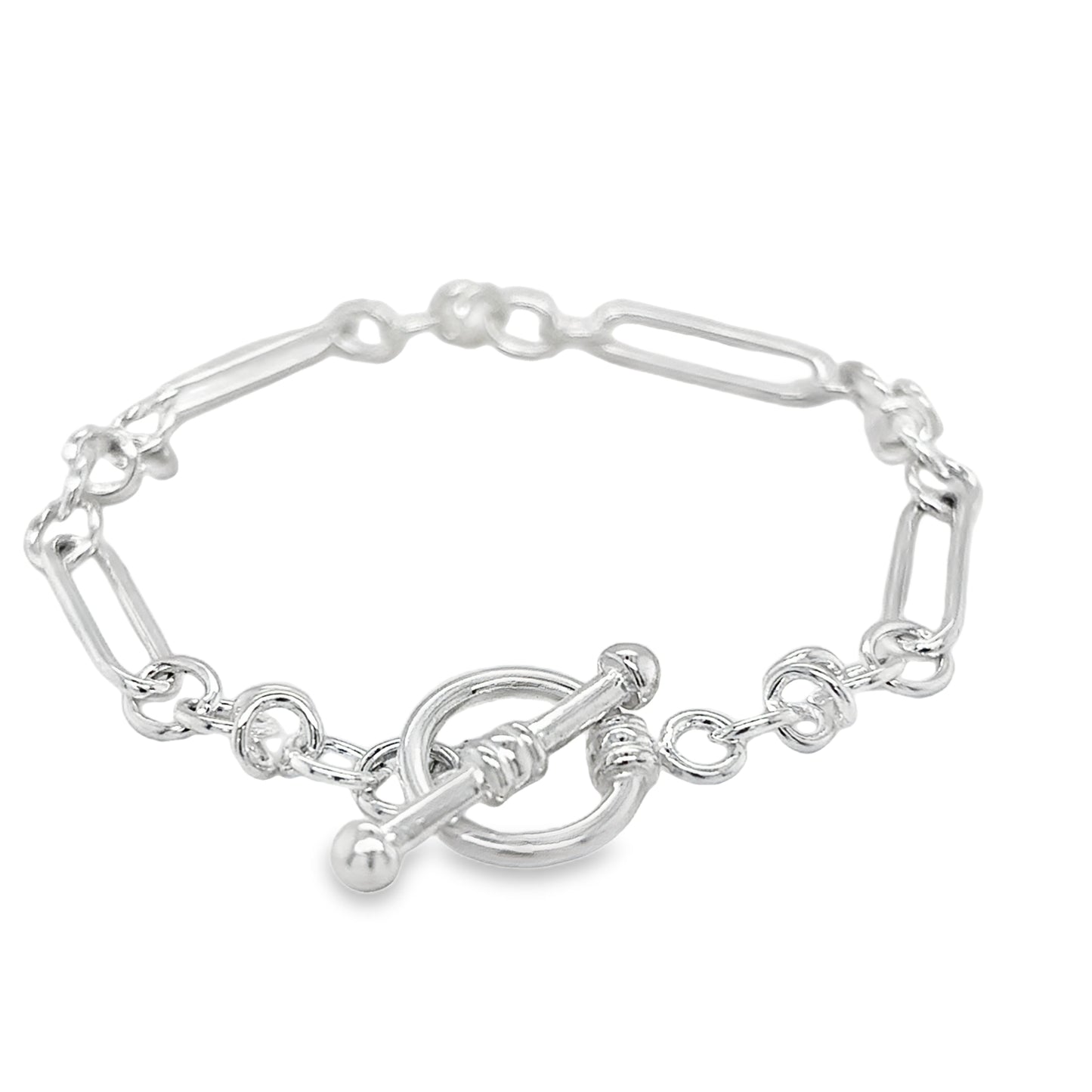 Sterling Silver Long Oval Link Bracelet with T-Bar 7.5"