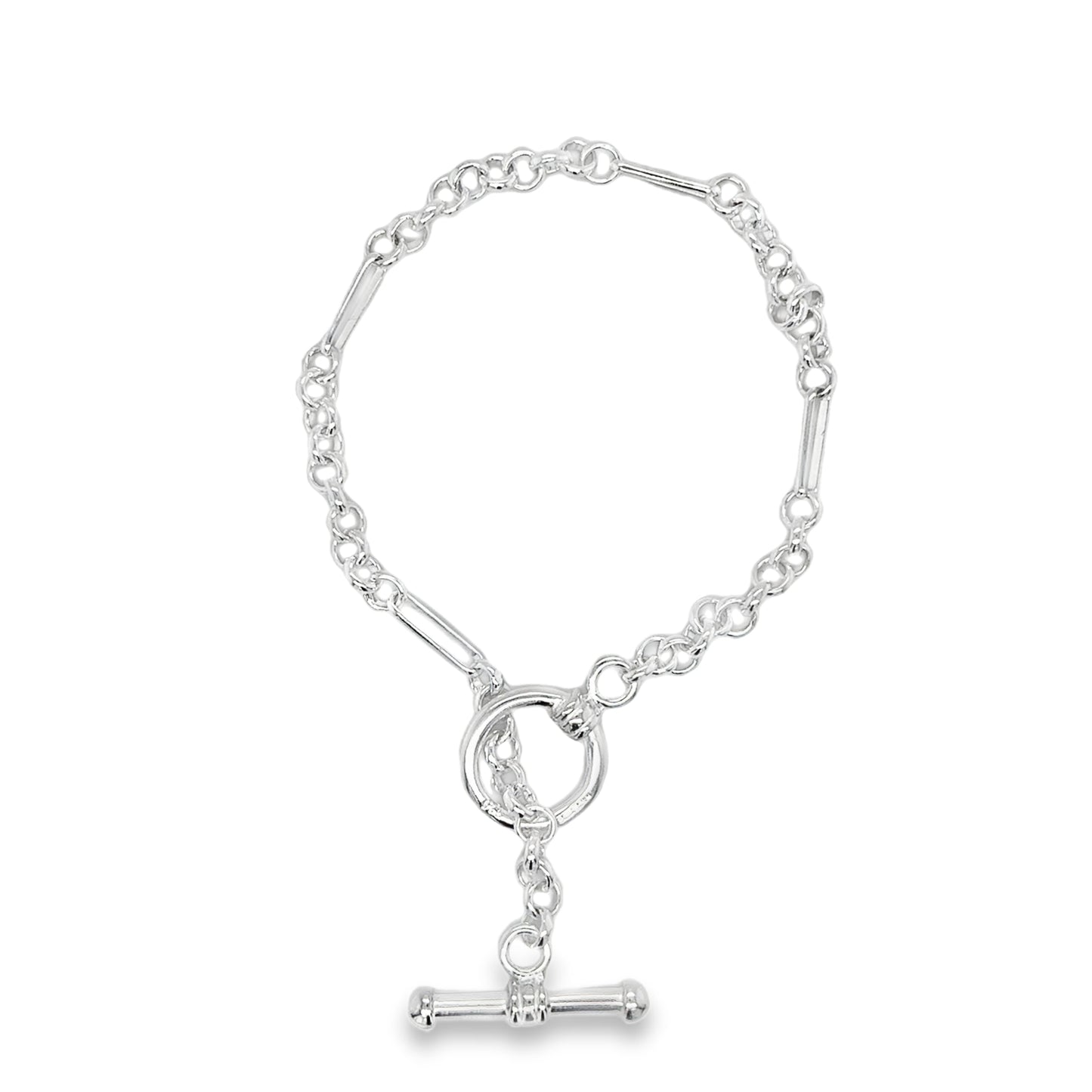 Sterling Silver Oval and Belcher Link T-Bar Bracelet 7.5"