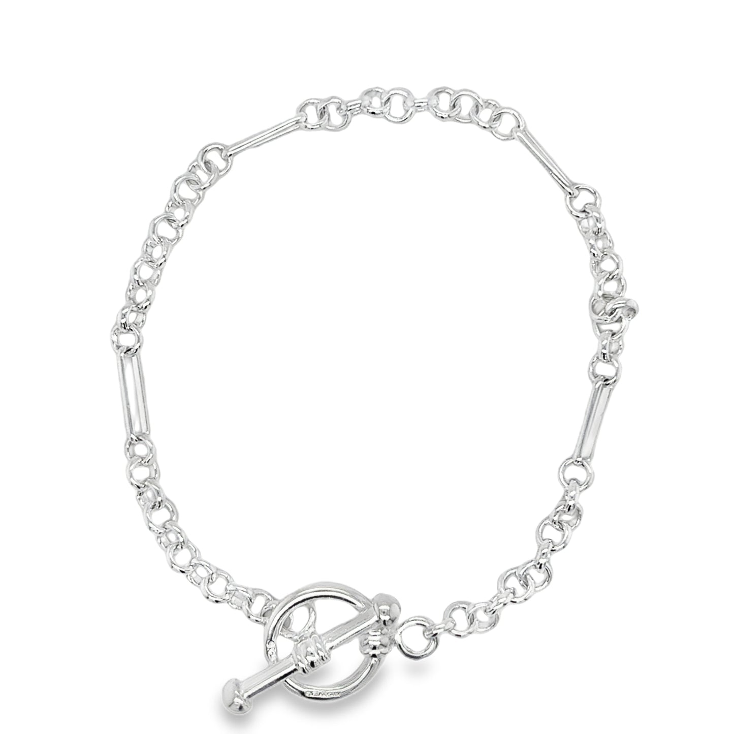 Sterling Silver Oval and Belcher Link T-Bar Bracelet 7.5"