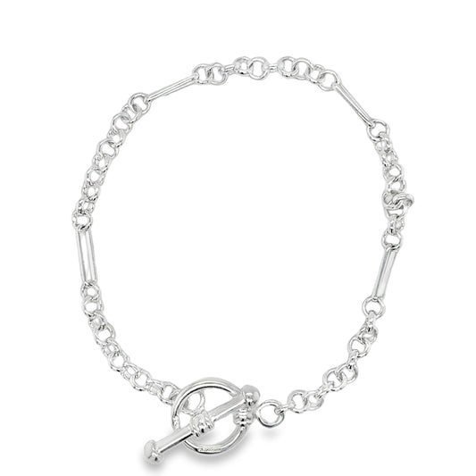 Sterling Silver Oval and Belcher Link T-Bar Bracelet 7.5"