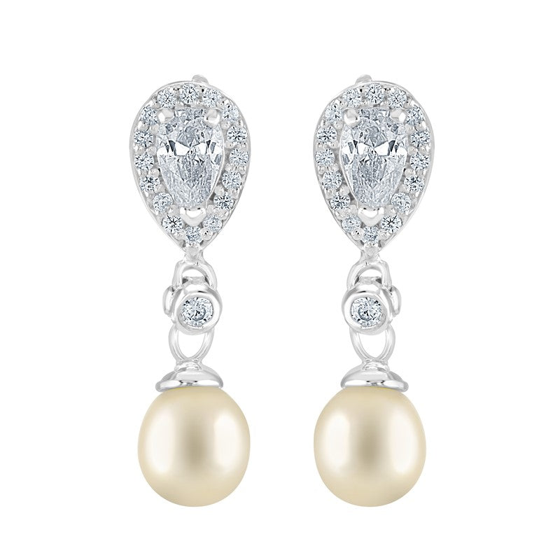 Sterling Silver CZ Pear Halo Earring With Pearl Drop