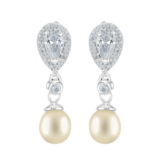 Sterling Silver CZ Pear Halo Earring With Pearl Drop